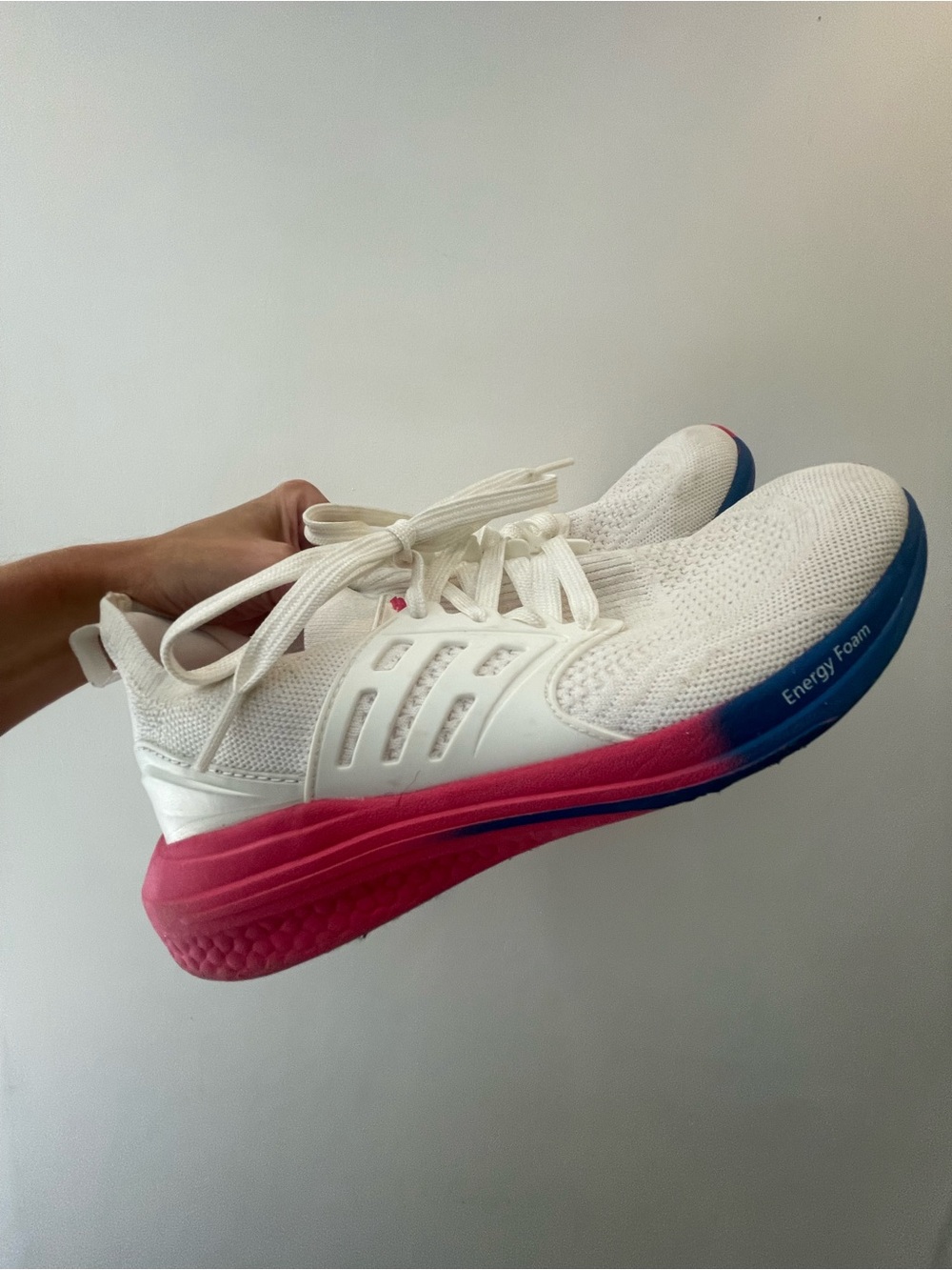 Avia Women’s White Knit Athletic Sneakers with Pink-to-Blue Sole